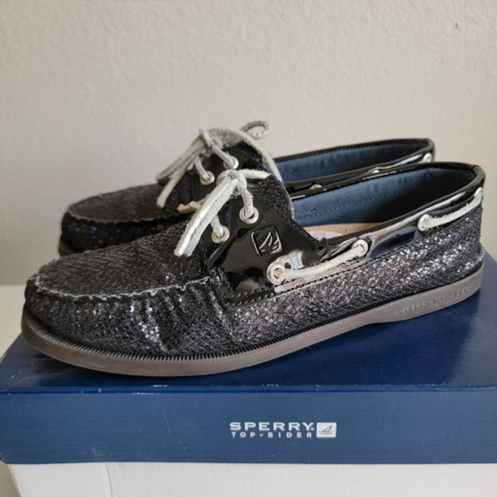 Sperry Shoes Womens 8.5 M Top Sider Boat Slip On 9295999 Black Sequin